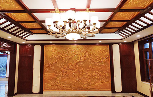 铜官中式别墅客厅中式木作横梁吊顶装饰展示